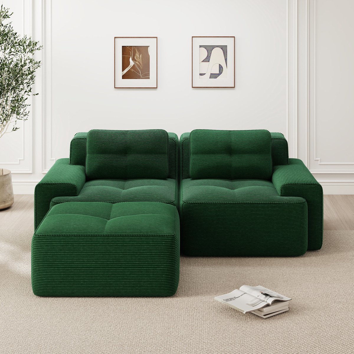 Moderne L-vormige woonkamerbank - diepe zitting - corduroy cloud-bank met voetenbank - dubbele slaapbank met stiksels - groen