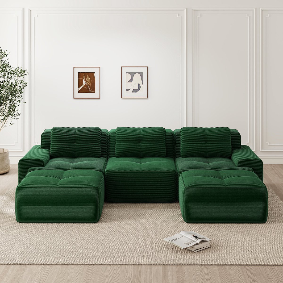 U-vormige bank - modulaire bank met voetenbank - 3-zits corduroy Cloud-bank - voor de woonkamer - kant-en-klare bank - groen