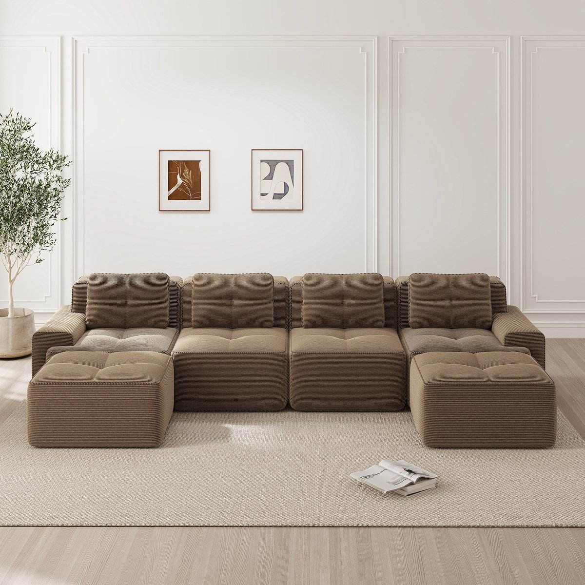 Woonkamer 4-zits bank - modulaire U-vormige chaise longue bank - corduroy wolkenbank - geen montage nodig - antislip ontwerp - bruin