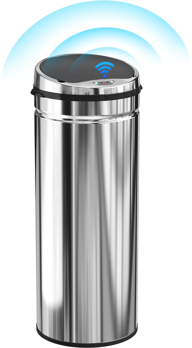 Automatische afvalbak met bewegingssensor van 50 liter in zwart en zilverkleurig roestvrij staal.