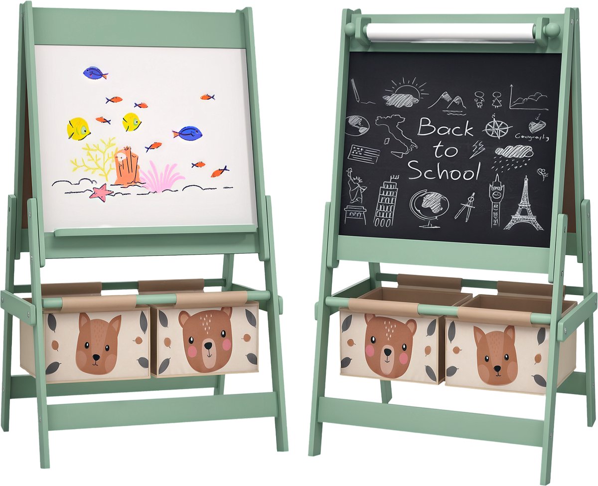 Kindertekenbord - dubbelzijdig krijtbord - papierrol - 2 mandjes - 54 x 46 - 5 x 93 cm - groen