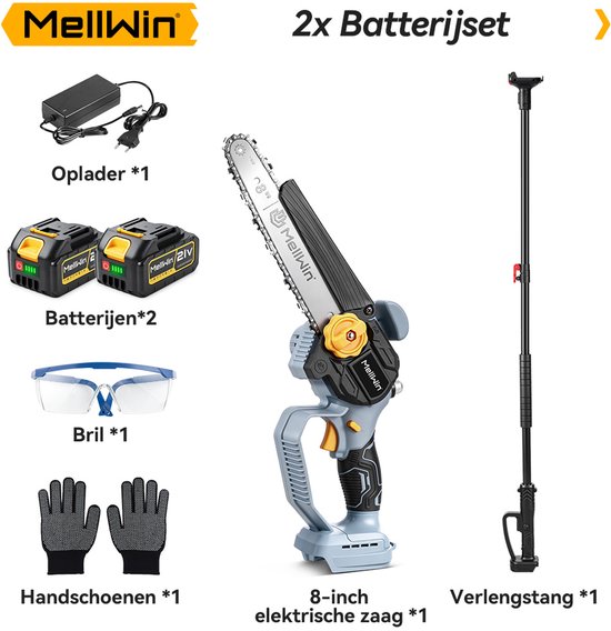 MellWin Mini Kettingzaag + Telescopische Steel - Accu Hoogsnoeier - met 2x Accu's - max. bereik tot 2.3 m - Borstelloze Takkenzaag - voor boomtakken, houtzagen — afbeelding 3