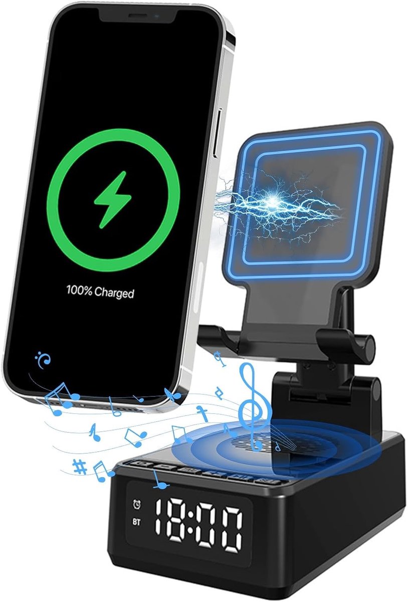 Draadloze Oplader met Bluetooth Speaker en Klok, Ideaal Cadeau voor Mannen en Vrouwen, Verjaardag en Kerst, Handige Draagbare Houder