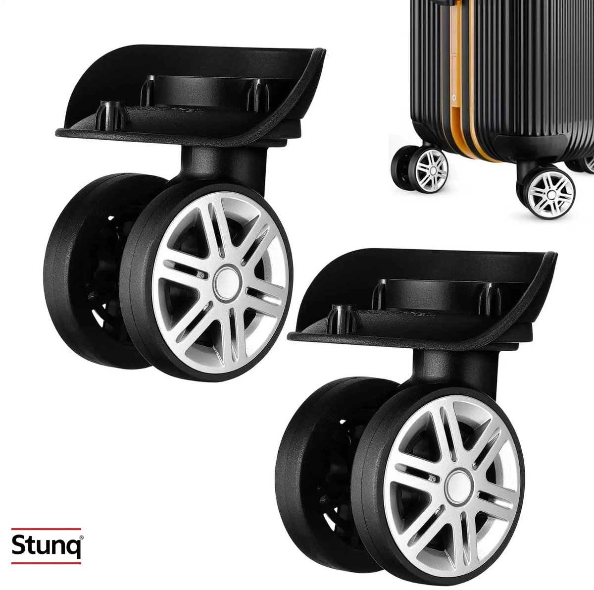 Stunq® 2 stuks 360° spinner vervangingswielen voor koffers, 9.8x6 cm, zwart/zilver