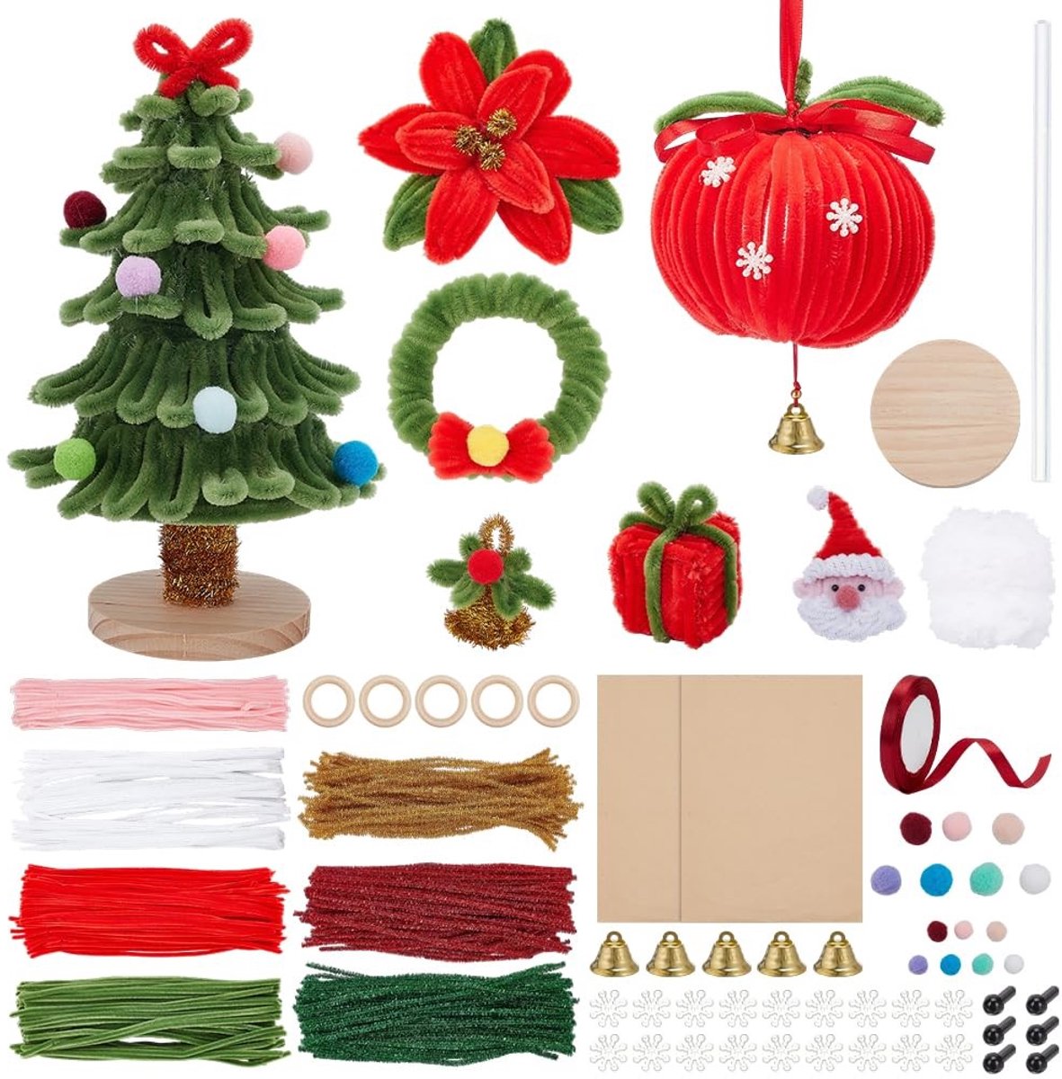 Set van 10 kerstpijpenreinigers met houten ringen, pompons en kralen voor kerstdecoraties en knutselprojecten, 750+ stuks accessoires