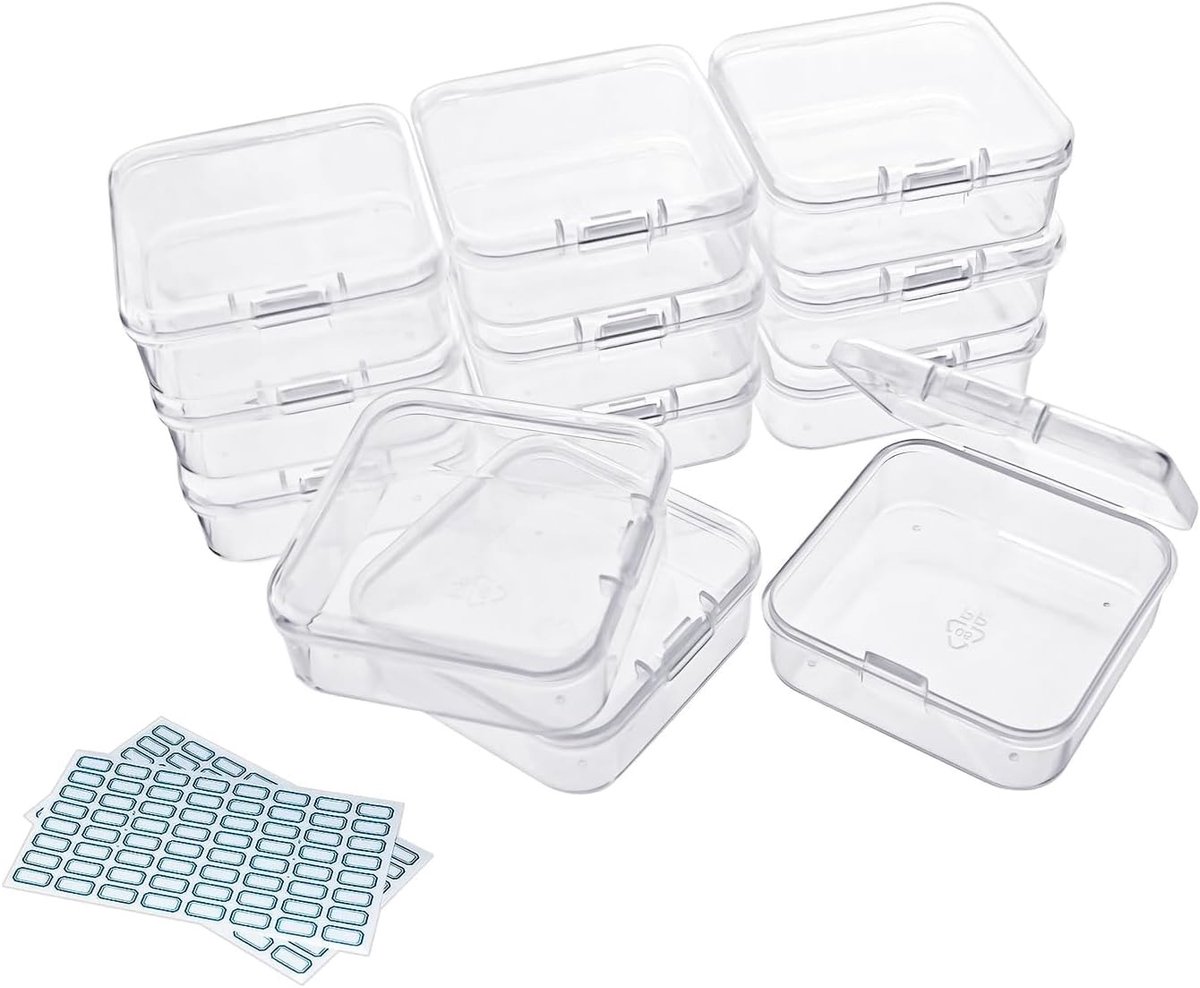 12 Stuks Mini Plastic Doorzichtige Opbergdozen voor Kleine Voorwerpen, Kralen, Sieraden en Knutselmaterialen (2.1 x 2.1 x 0.8 inch)