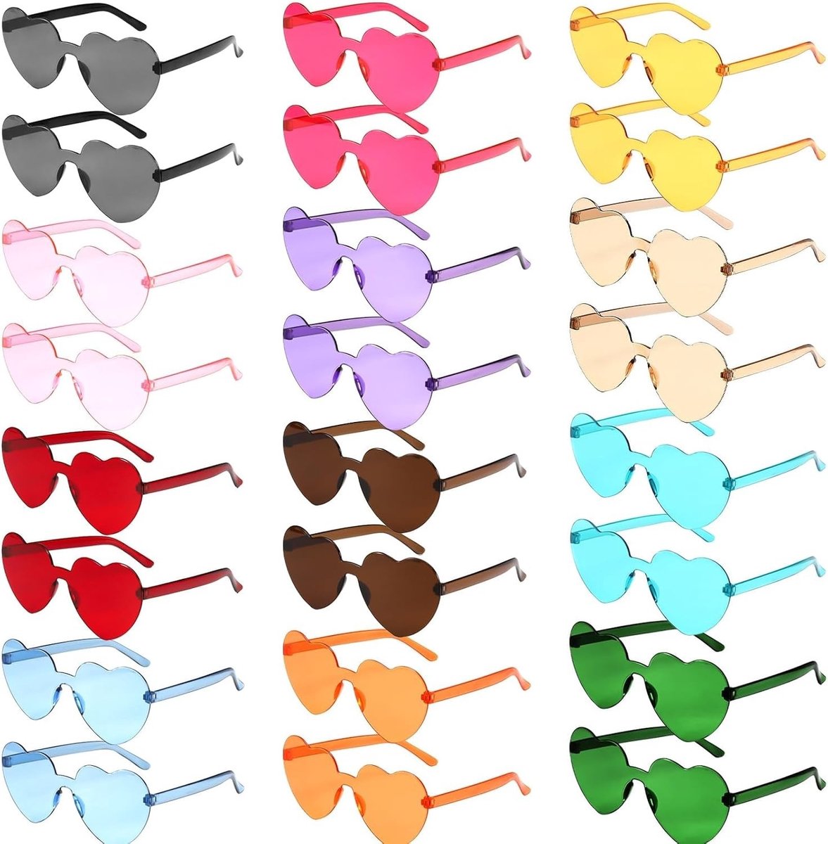 Pack van 24 Hartvormige Zonnebrillen, Rimless Zonnebrillen, Transparante Hartglazen voor Feestjes, Carnaval en Strandactiviteiten