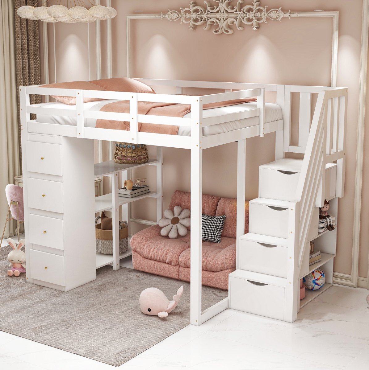 COVREO Hoogslaper met opbergruimte – 140x200 cm – Kinderbed met 4 lades – Veiligheidsladder – Wit - zonder matras