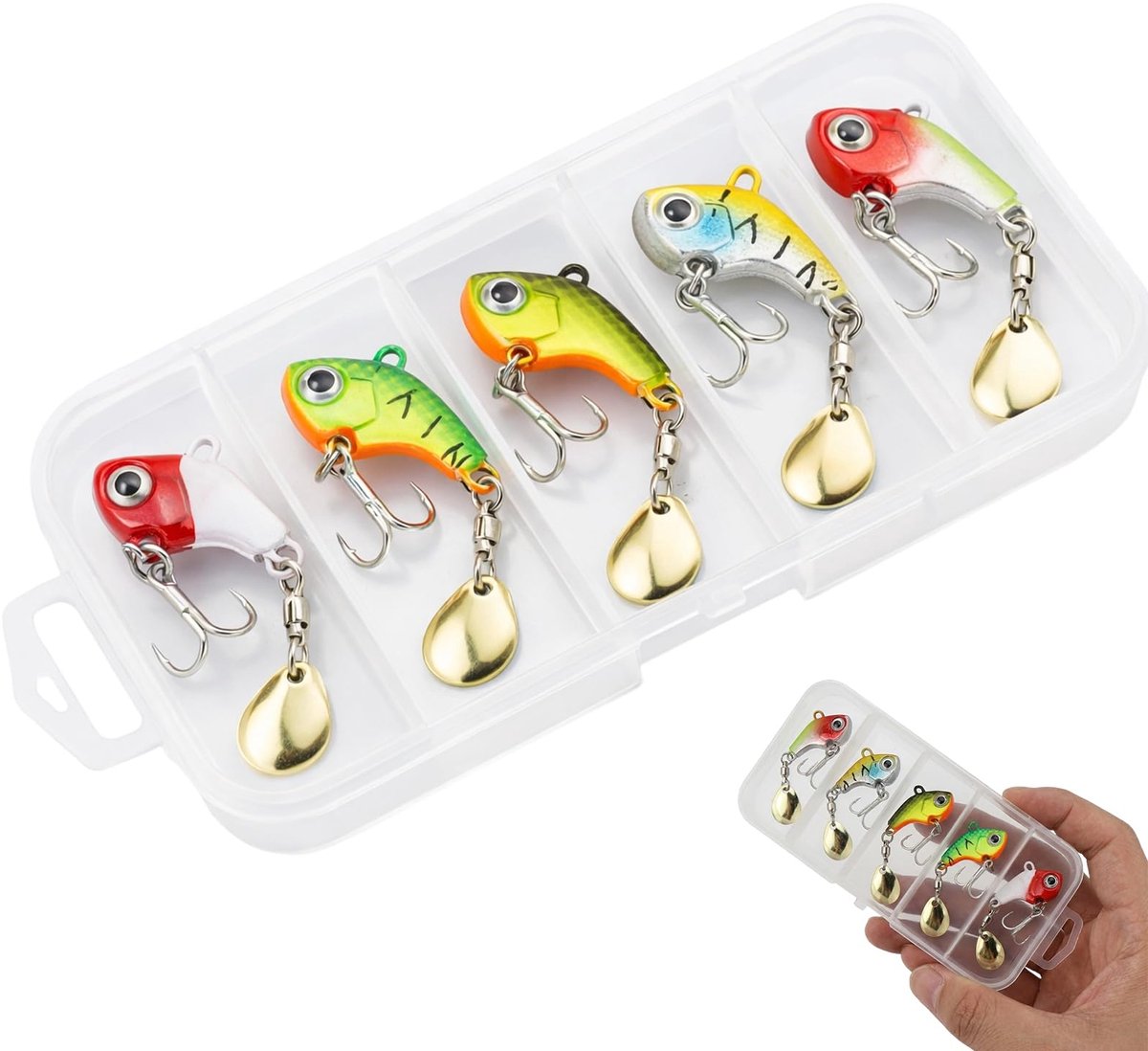 Hengelsport Kunstaas Set - Met 5 Jig Spinners en Opbergdoos - Voor Baars, Snoek, Forel en Snoekbaars - Zoet- en Zoutwater