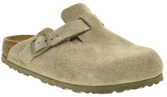 Beige suède Birkenstock Boston klomp met gesp.