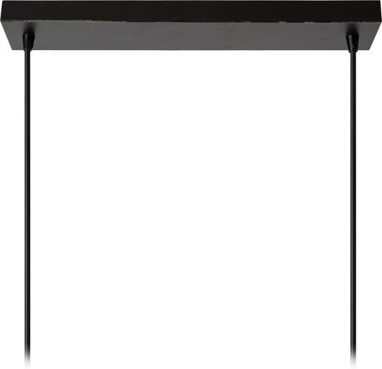 Zwarte plafondplaat met twee zwarte ophangkabels van een hanglamp.