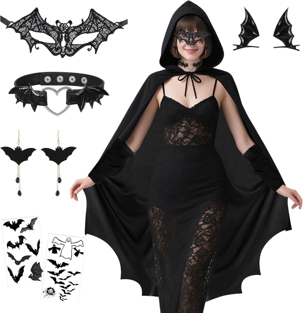 Vrouwelijk Halloween Kostuum met Zwarte Cape en Hoed, Vampier Outfit met Kantmasker, Oren, Haarspeld en Ketting voor Carnaval en Feestjes