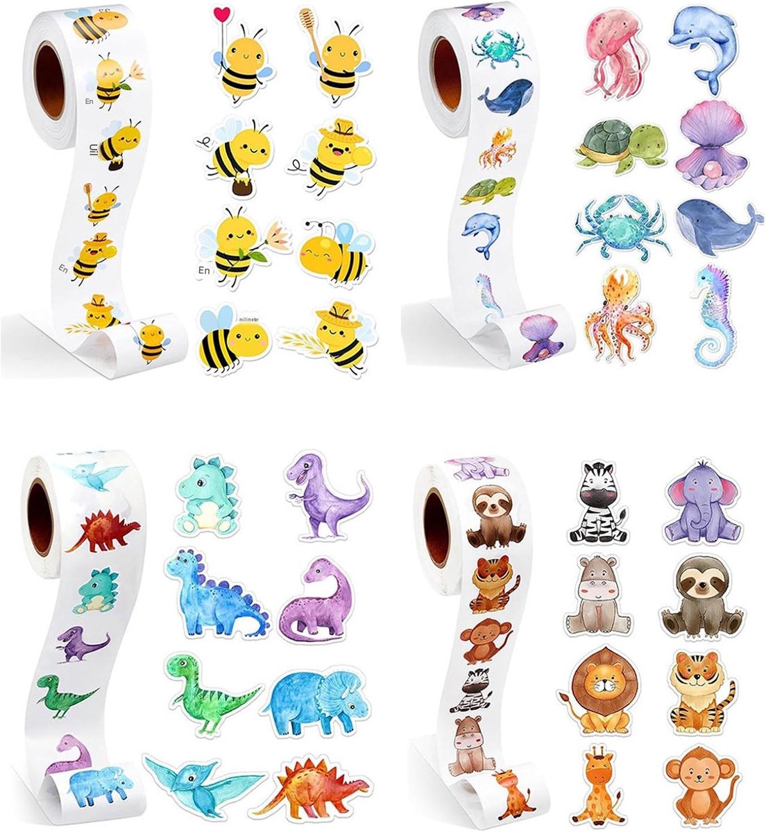 Dierenstickers - 2000 Stuks - Ronde Beloningsstickers op 4 Rollen - Schattige Dierenmotieven - Beloningsstickers voor Kinderen, School, Leraren, Knutselen en Dagelijks Gebruik