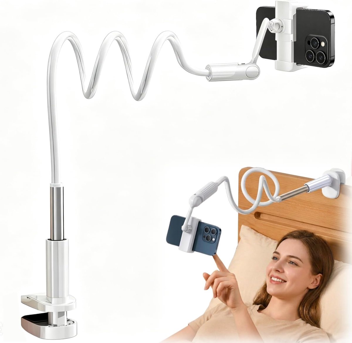Telefoonhouder voor in bed, 110 cm flexibele telefoonhouder met zwanenhals, 360° draaibaar.