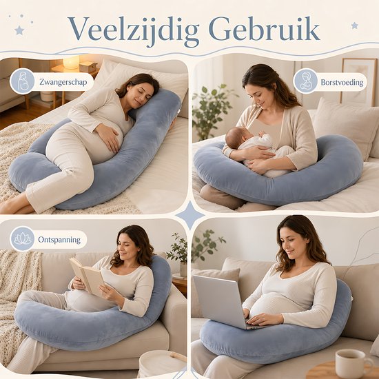 J-vormig Zwangerschapskussen - Voedingskussen en Slaapkussen voor Zijslapers - Groot Lichaamskussen voor Zwangerschap - Zachte Crystal Velvet Bekleding - Ondersteuningskussen voor Buik, Rug en Benen - Grijs — afbeelding 2