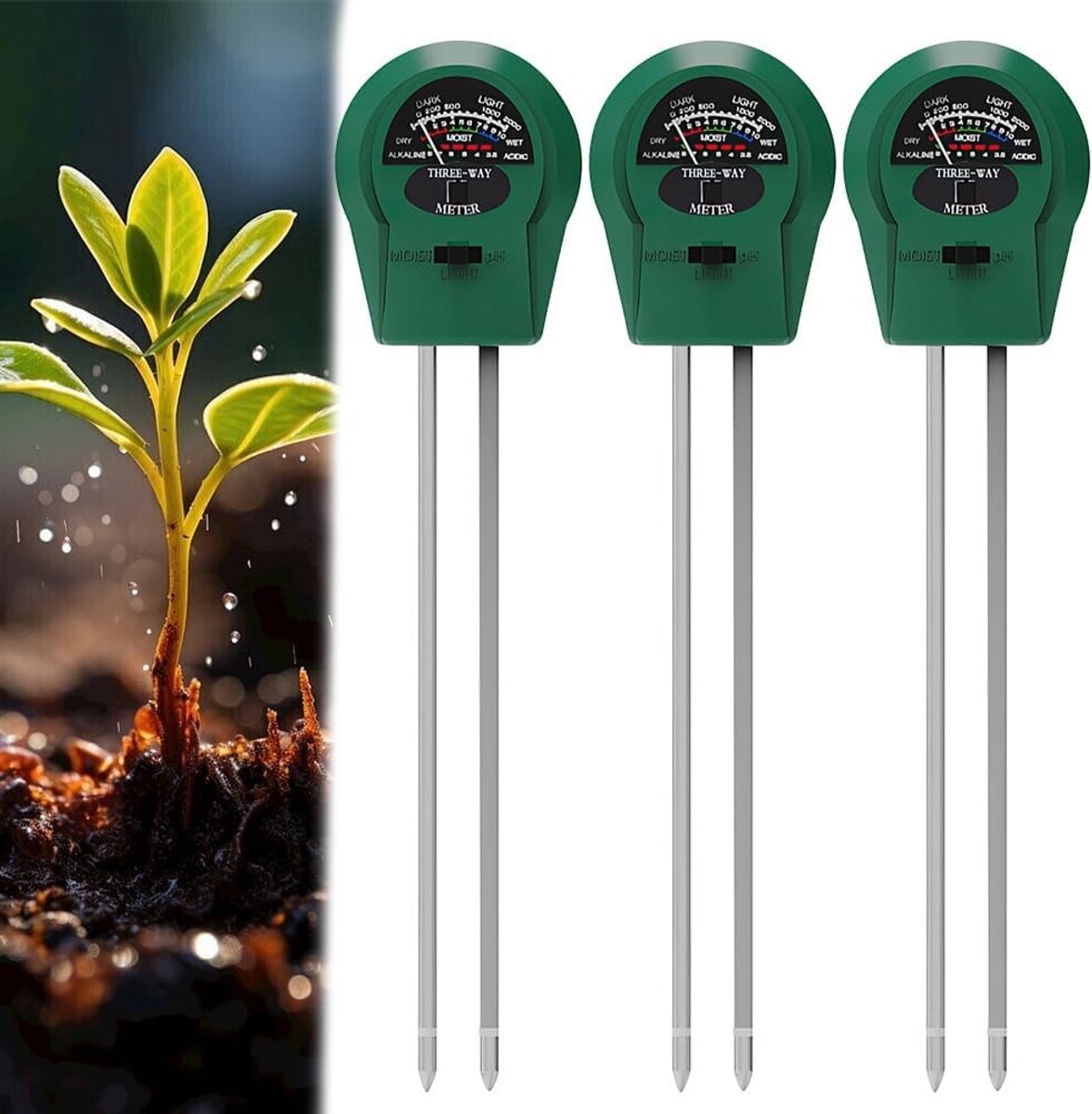 3-in-1 Bodemvochtmeter voor Planten met pH, Temperatuur en Lichtmeting voor Binnen en Buiten Gebruik