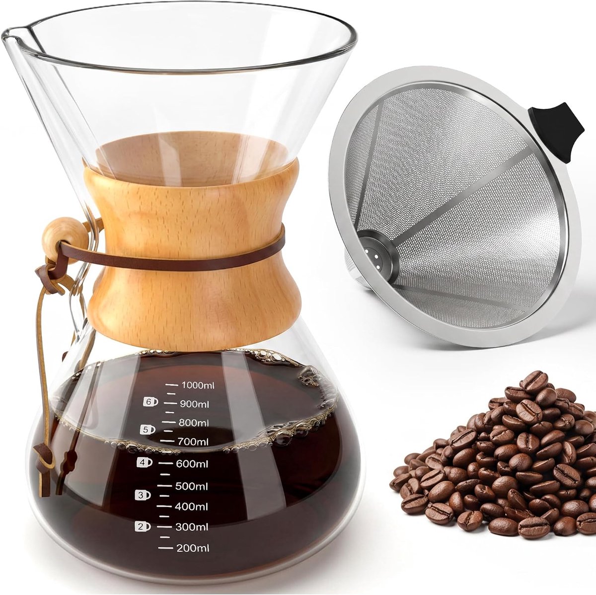 Filterkoffieapparaat 1000 ml, karaf van borosilicaatglas met houten handvat en ronde behuizing, dubbellaags roestvrijstalen filter, druppelkoffiezetapparaat voor thuis, kamperen en wandelen
