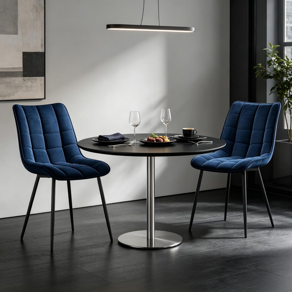 REDOM - Stel van 2 moderne blauwe fluweel eetkamerstoelen - Kuipstoel met velvet zitting, ergonomisch en stabiel tot 100 kg, snel te monteren