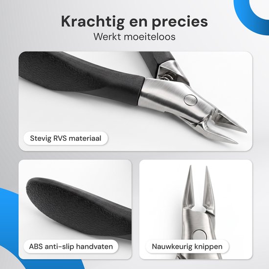 Close-up van de kop van een gebogen nageltang met scherpe uiteinden. De handvatten zijn van ABS-materiaal met anti-slip textuur. Gemaakt van stevig RVS materiaal.