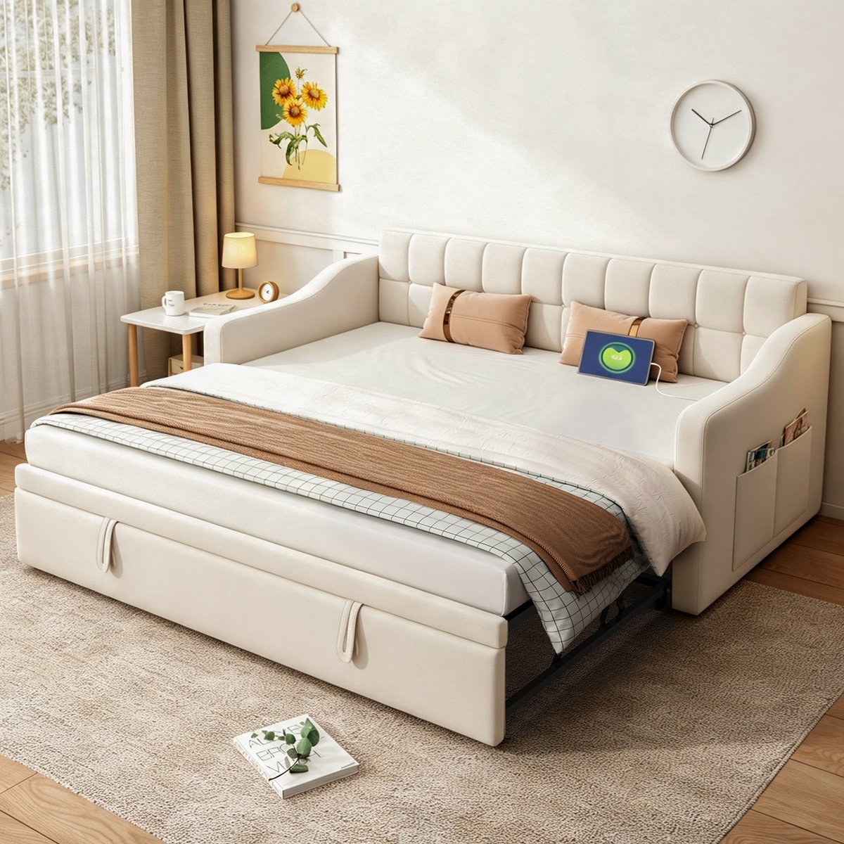 REDOM - Slaapbank - Uitrekbaar 2-in-1 - USB-laadpoorten en opbergvakken - Moderne stijl - Woonkamer en logeerkamer - Fluweel, metaal, MDF, spaanplaat - Beige - 207 x 99 x 80 cm