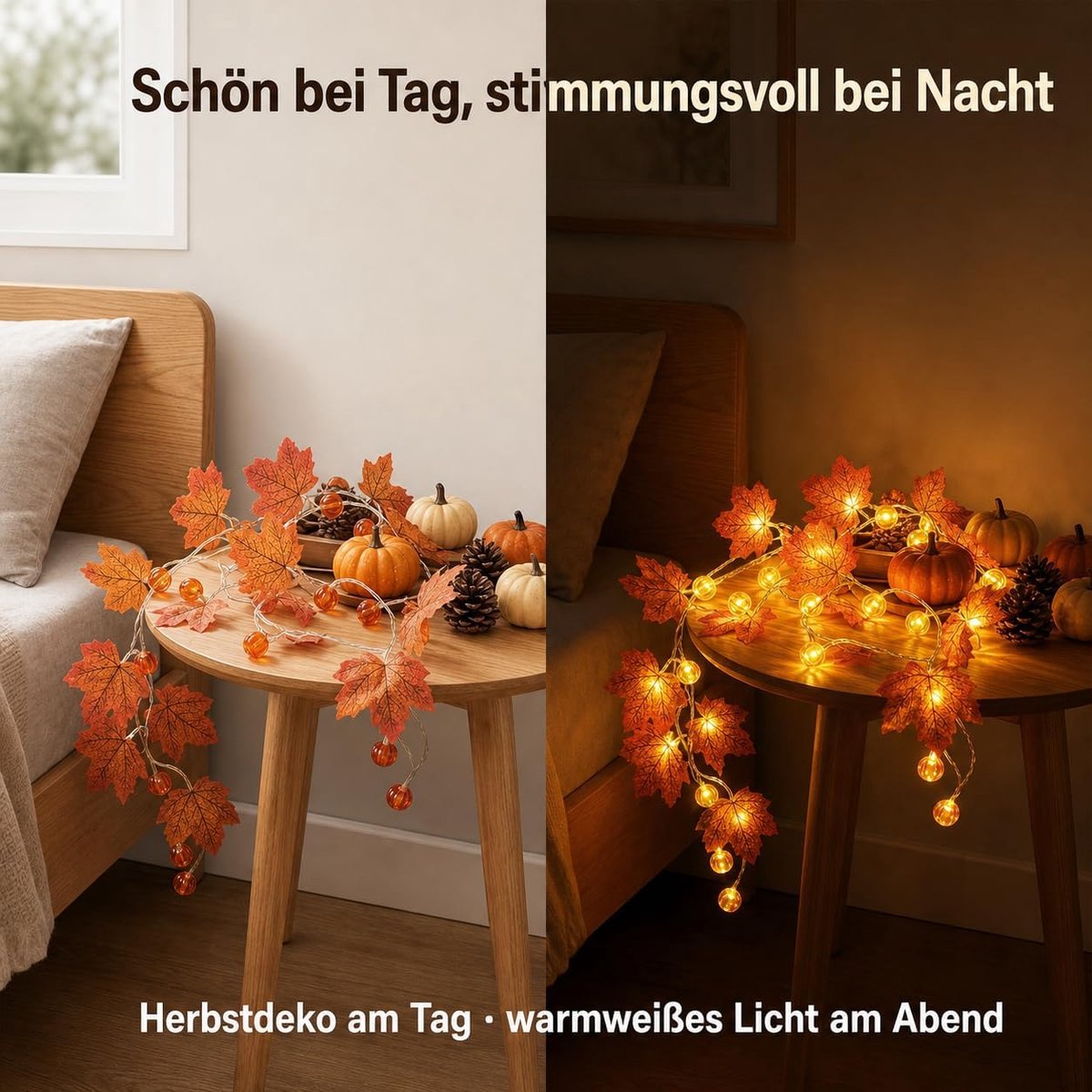 3m Herfst Lichtslinger met 20 LED Esdoornbladeren - Sfeervolle Buiten- & Binnenverlichting - Voor Tuin, Terras, Raam & Herfstdecoratie - Warme Gloed - Batterijgevoed - Eenvoudig te Hangenaan - Creëer een Gezellige Herfstsfeer — cadeau in Wonen & Interieur - foto 6