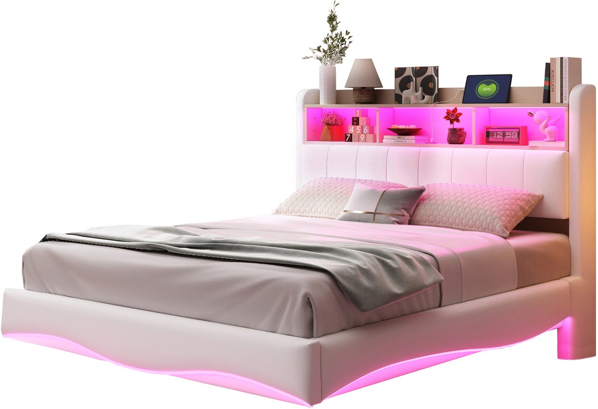 Gestoffeerd zwevend bed - Tweepersoonsbed - LED verlichting - USB en Type-C aansluiting - Met opbergruimte - Slaapkamer - 140x200 cm - Beige