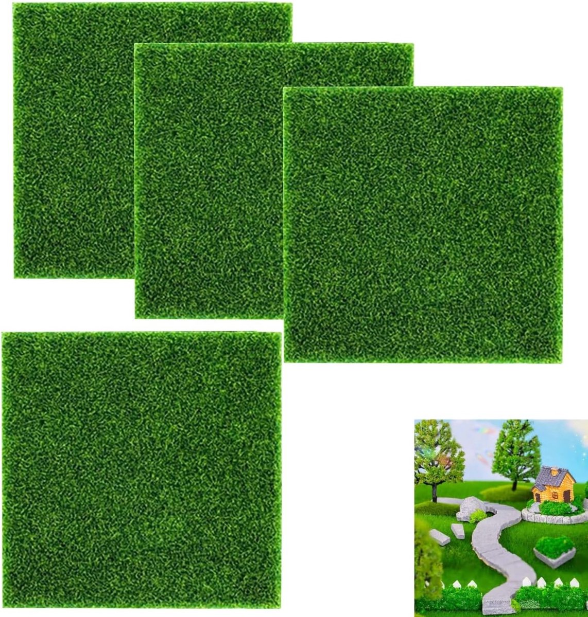 Set van 4 Kunstgras Matten 15 x 15 cm voor Huisdecoratie, Mini Tuin, Poppenhuis en Bonsai