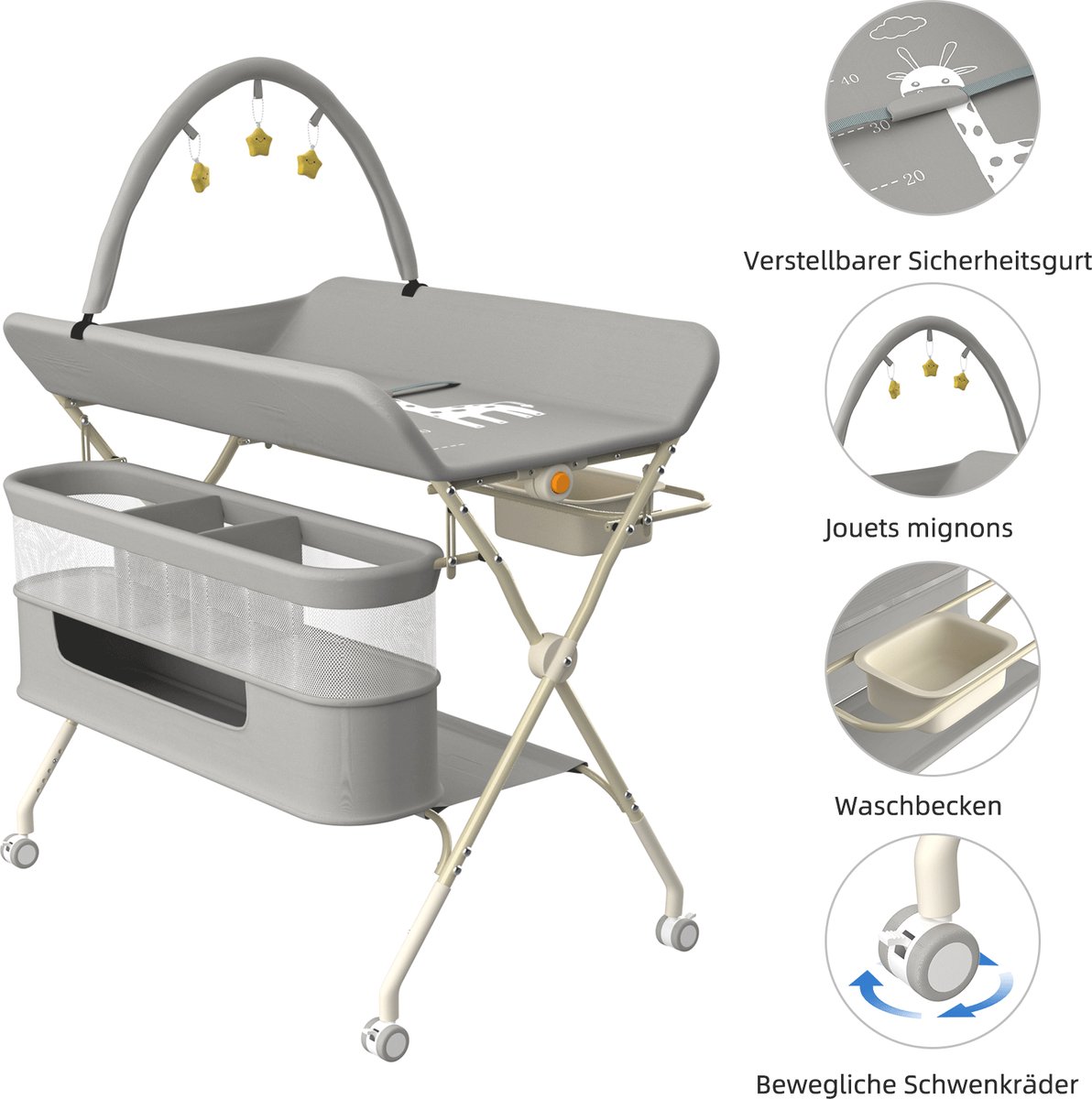 PIPIPOXER Luiertafel opvouwbaar - Verzorgingstafel - Met wielen -met babyspeeltjes, een zijbakje en opbergmand- Vrijstaande Verschoontafe- Zij Caddy - Verstelbare Hoogte - Opvouwbare & Mobiele commode - Grijs