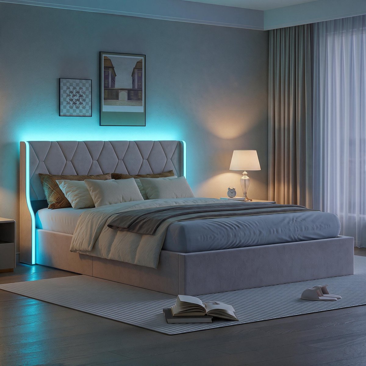 Gestoffeerd bed 160x200 cm met LED Verlichting, Opbergbed Tweepersoonsbed met Hydraulische Opbergruimte, Opbergbed met Lattenbodem, Beige fluweel, Zonder Matras