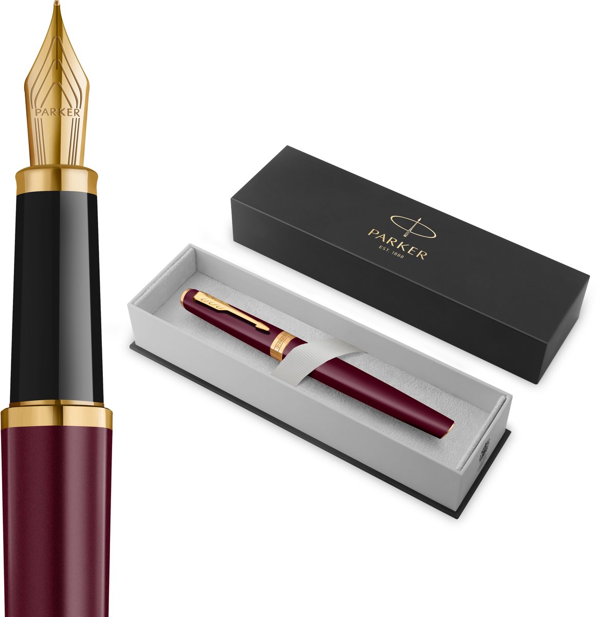 Parker Meridian Vulpen | Rode lak met gouden accenten | Middelgrote penpunt | Handschriftpennen & Schrijfwaren | Blauwe inkt | Luxe Cadeaudoos
