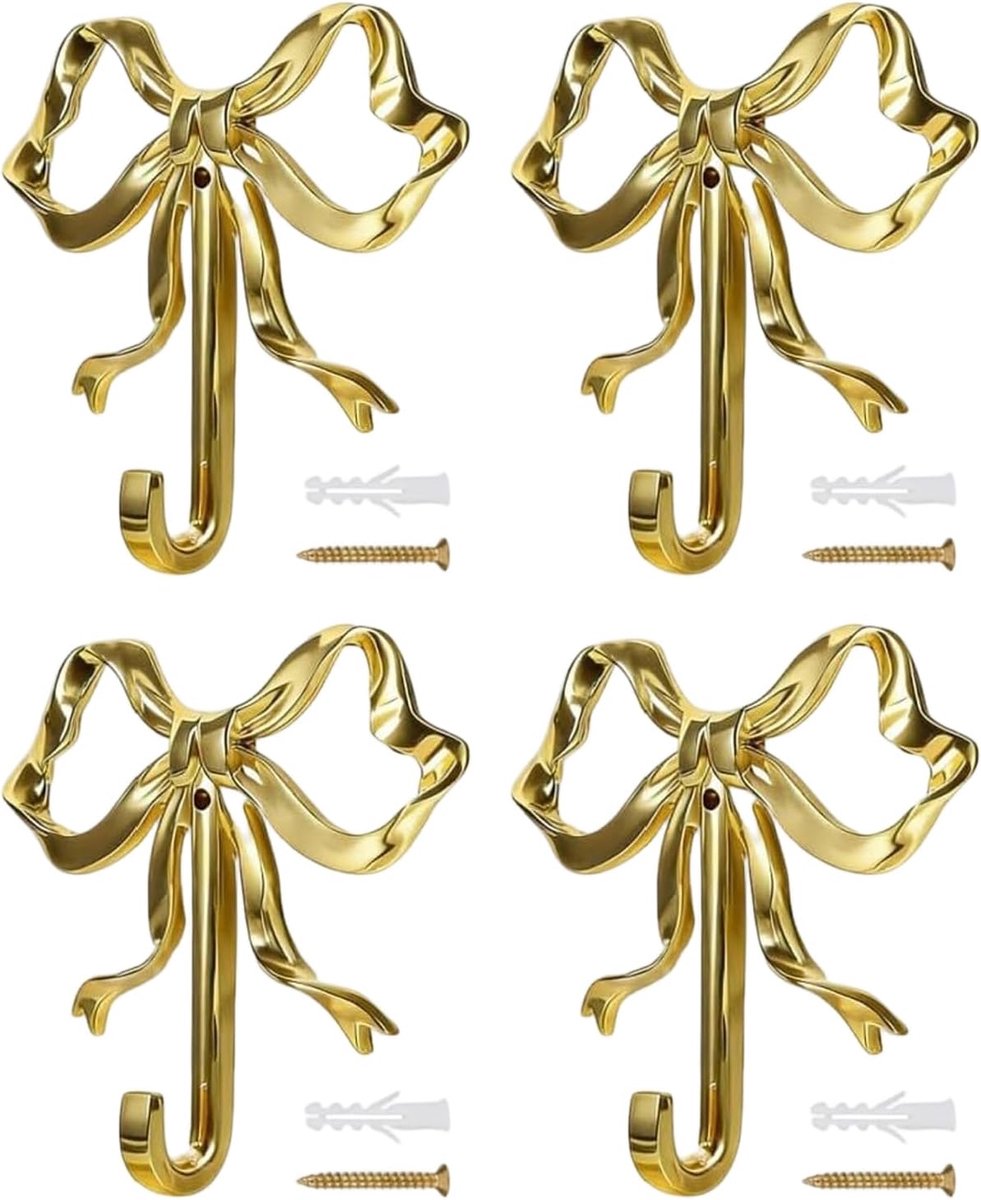 4 stuks - decoratieve strikhaak voor aan de muur - handdoekhaak- multifunctioneel- hoedhaak,- helder geelgouden afwerking - 6.6x6.6x1.4cm
