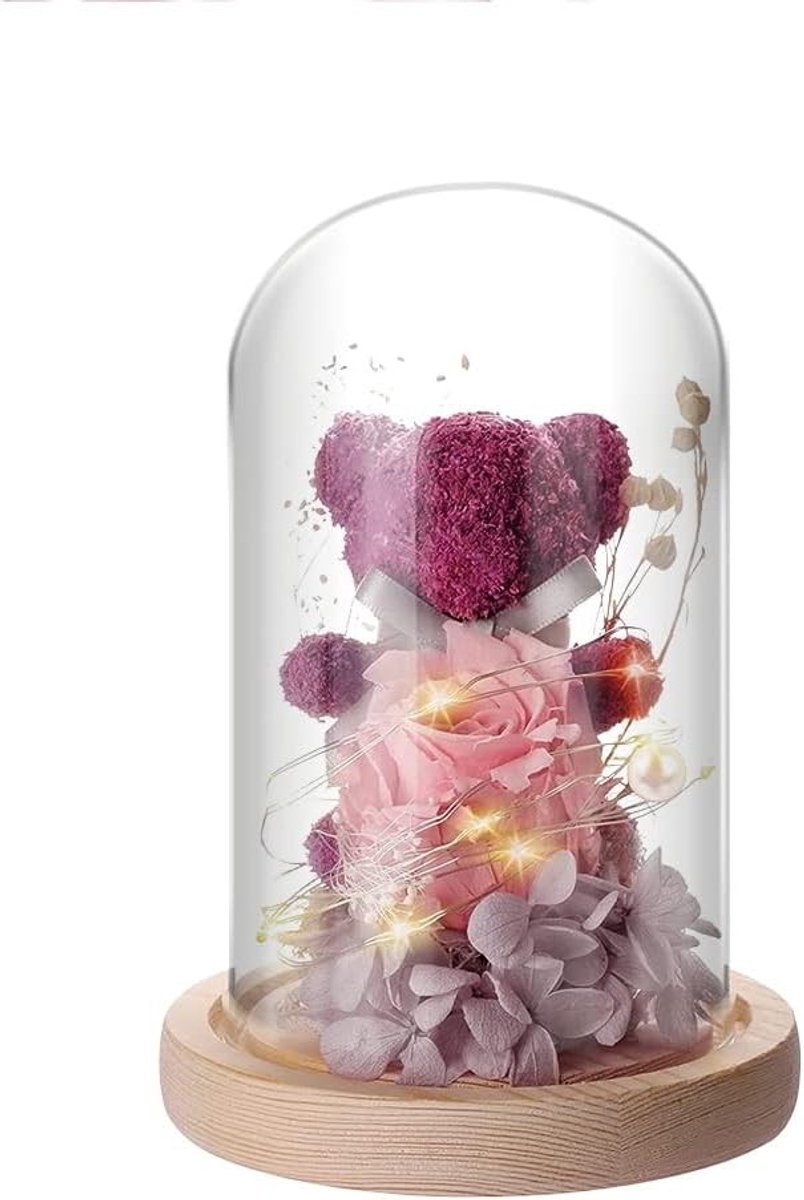 Eternity Rozenbeer in Glas met LED Verlichting en Houten Basis, Perfect Cadeau voor Vrouwen, Moeders en Verjaardagen, Valentijnsdag en Kerstmis