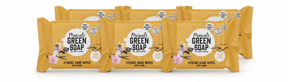6 x Marcel's Green Soap - Hand doekjes - Vanille & Cherry Blossom - Mild & handig - 15 Doekjes - Voordeelverpakking - 6 stuks
