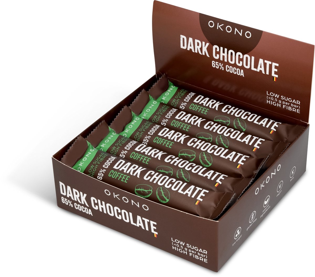 OKONO Dark Chocolate Coffee Display - 20 Repen Pure Chocolade Koffie - Zonder Toegevoegde Suikers - Keto Chocoladereep met 22 g Vezels per 100 g - Glutenvrij en Vegan