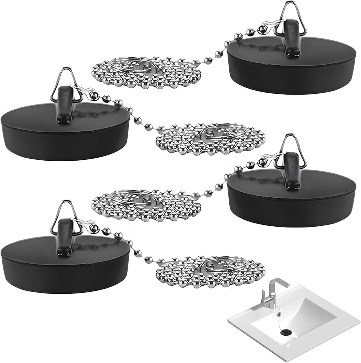 Set van 4 Afvoerpluggen met Ketting - Geschikt voor Keuken, Badkamer en Wastafel, 4 cm Diameter