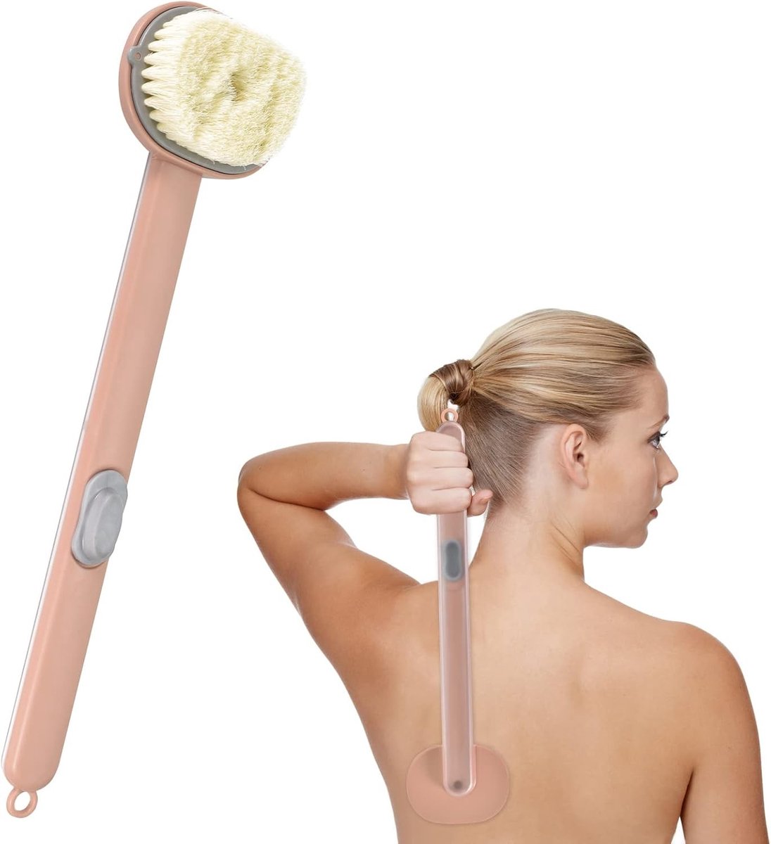 Verwijderbare Lange Handgreep Doucheborstel met Ingebouwd Douchegel Reservoir voor Massage, Peeling en Rugverzorging, Roze
