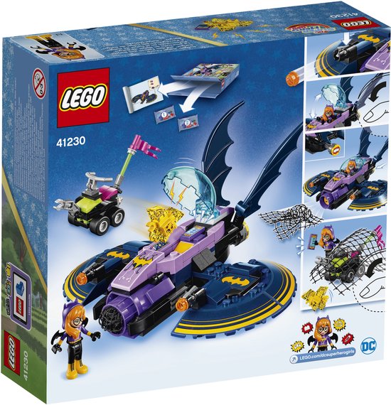 LEGO doos met de Batgirl batjet, een groen voertuig, een net en Batgirl-figuurtje.