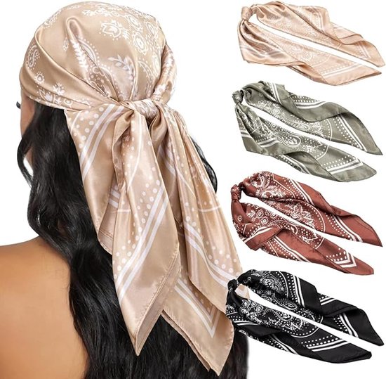Vrouw draagt beige hoofddoek met paisley-print, met vier andere kleuren ernaast.