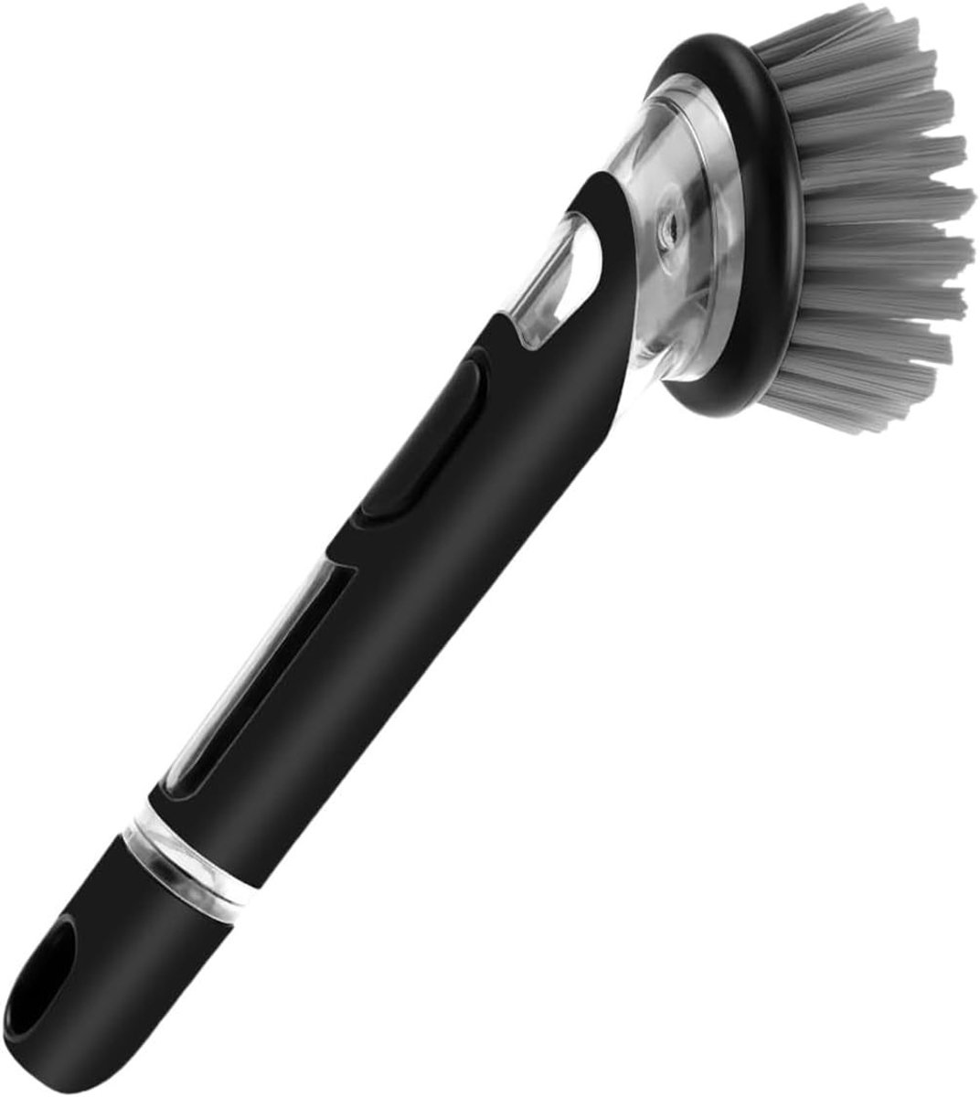 Keukenborstel met lange zwarte steel voor het schoonmaken van potten, pannen en gootsteen, ideaal voor keukenonderhoud en hygiëne.