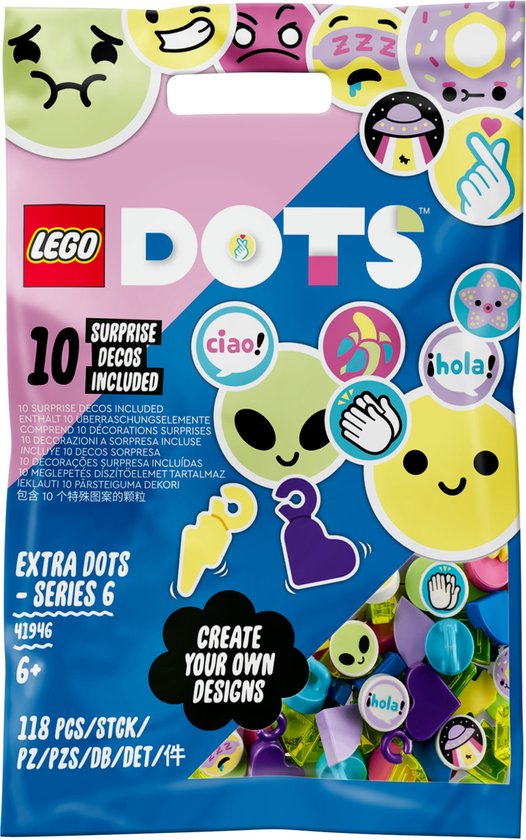 LEGO® DOTS Extra DOTS - serie 6 41946 knutseldecoratieset; leuk cadeautje voor kinderen die graag creatief bezig zijn; een setje kleurrijke tegels die zijn ontworpen voor een heleboel fantasierijk speelplezier voor kinderen vanaf 6 jaar (118 onderdel