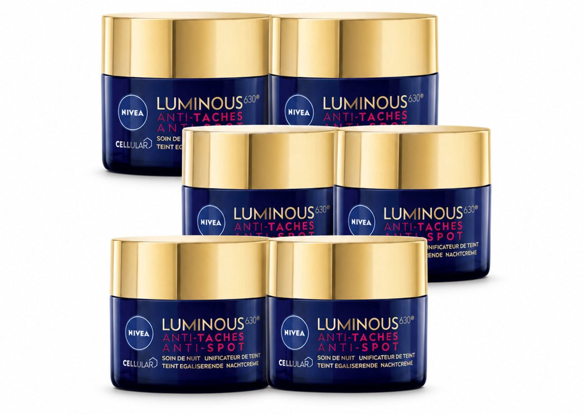 6 x NIVEA - Nachtcrème - CELLular LUMINOUS630 Tegen Vlekken - Egaliserend - Tegen pigmentvlekken - Met Hyaluronzuur - 50 ml - Voordeelverpakking - 6 stuks