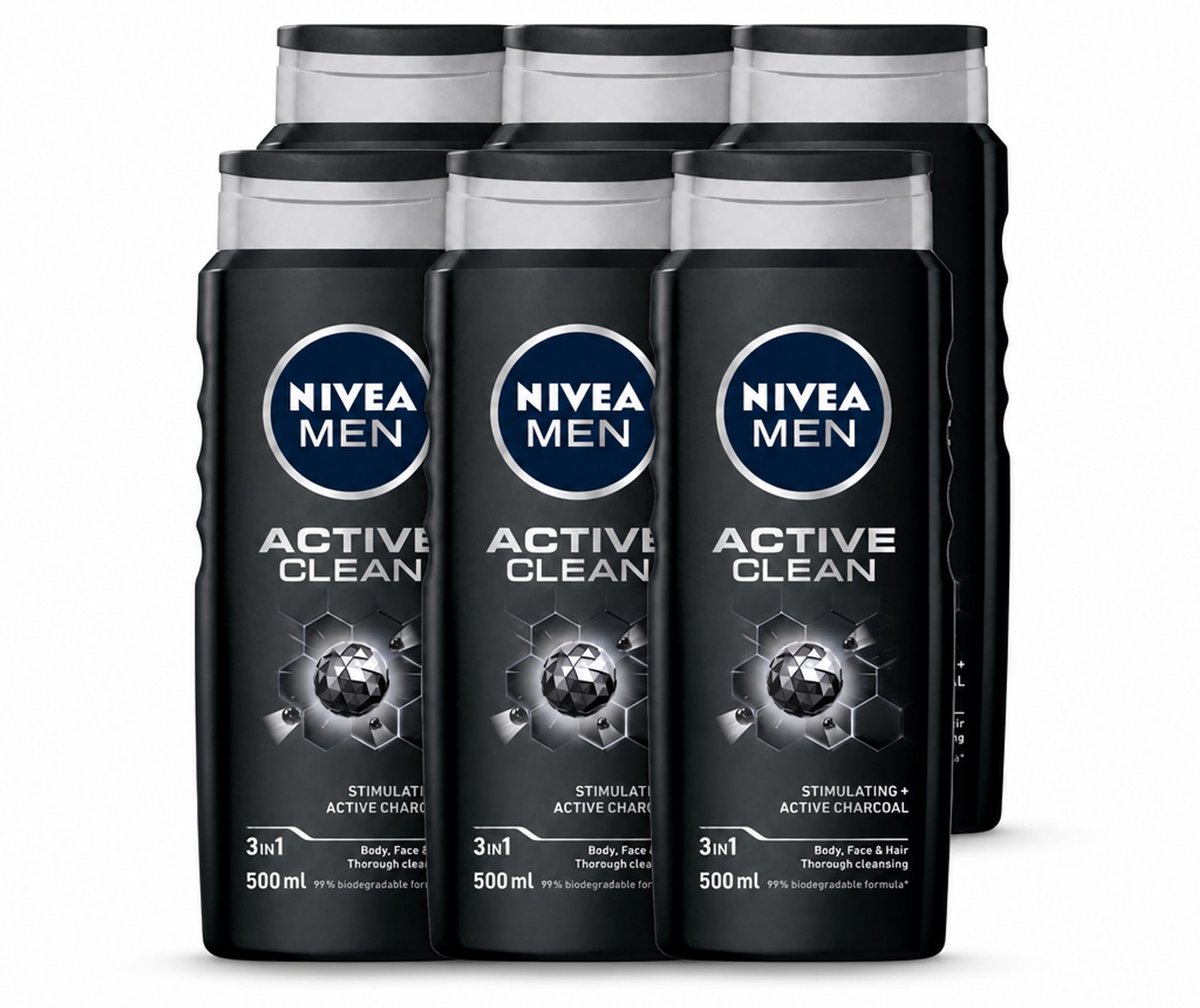 6 x NIVEA MEN - Douchegel - Active Clean - 500 ml - Voordeelverpakking - 6 stuks