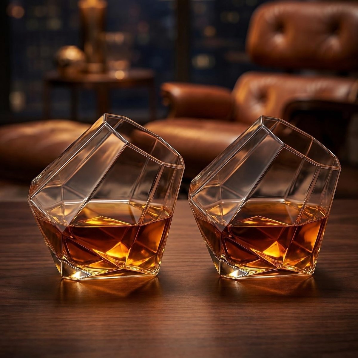 Set van 2 Whiskyglazen van Kristalglas, 380 ml, Roterend Diamantdesign voor Scotch, Bourbon en Cognac