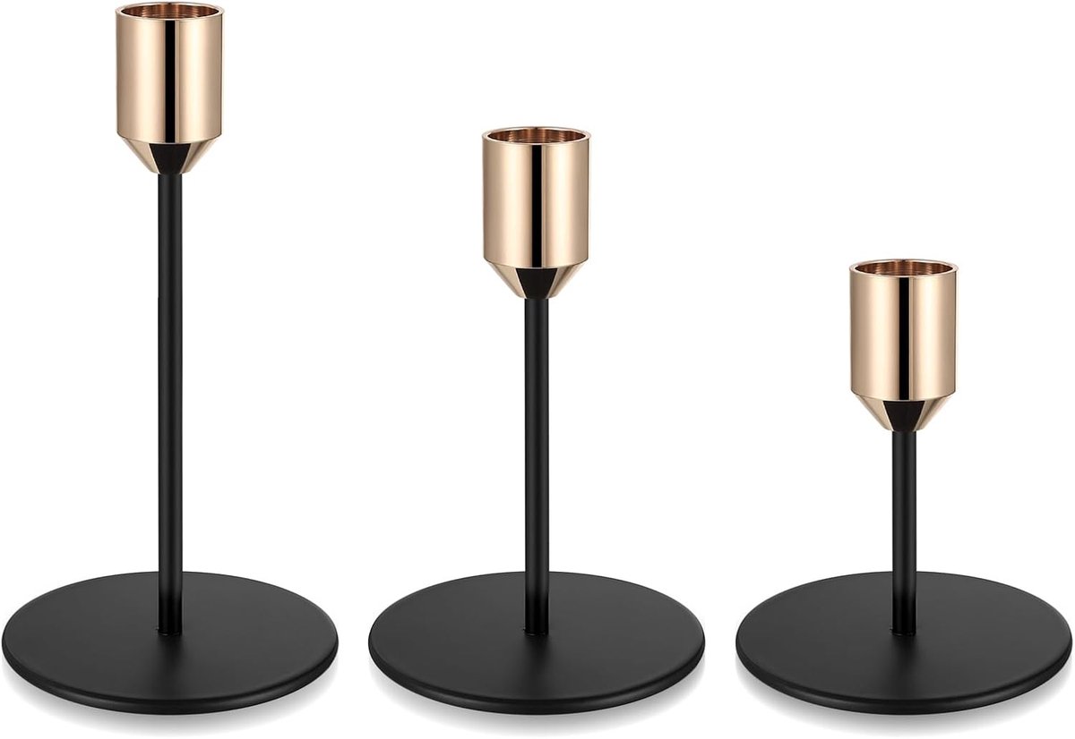 Kandelaar - Set van 3 - Metaal - Goud en Zwart