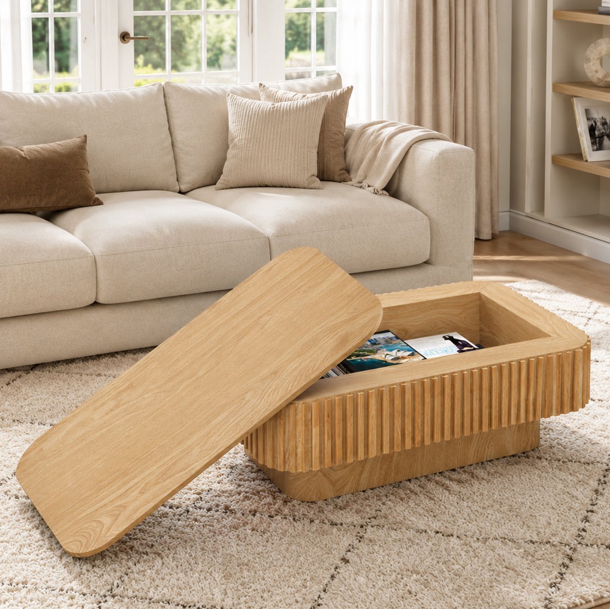 Salontafel – Rechthoekige Tafel Met Verborgen Opbergruimte En Fluted Paneel – Modern Voor Woonkamer, Slaapkamer En Kantoor – MDF Met Houtfineer – 98x60x35 Cm – Natuurlijk Hout