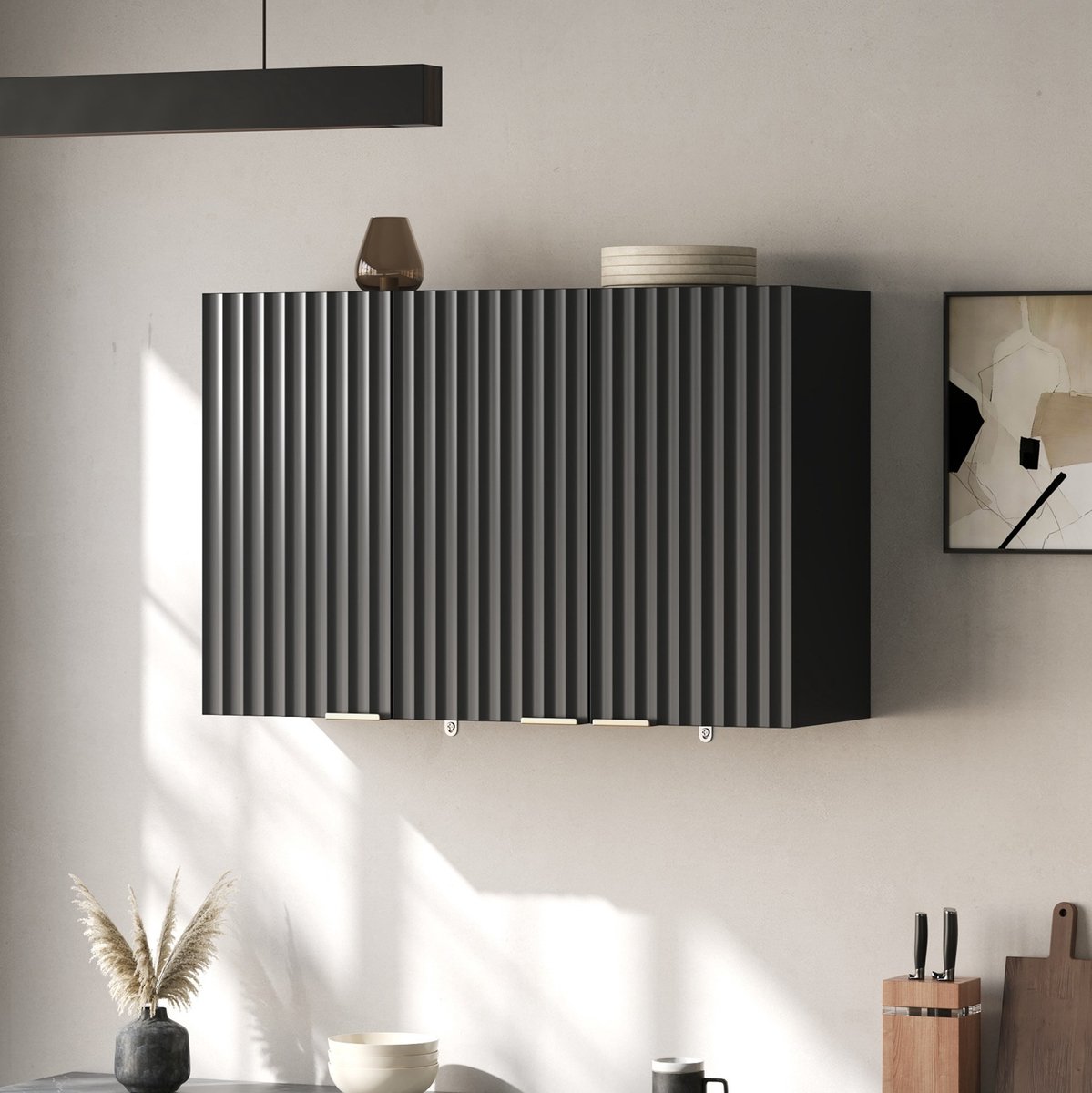 STILVORA Keukenkast - Wandkast Met 3 Deuren - Ruimtebesparend Voor Keuken En Badkamer - MDF - Zwart - 90 X 29 X 60 Cm