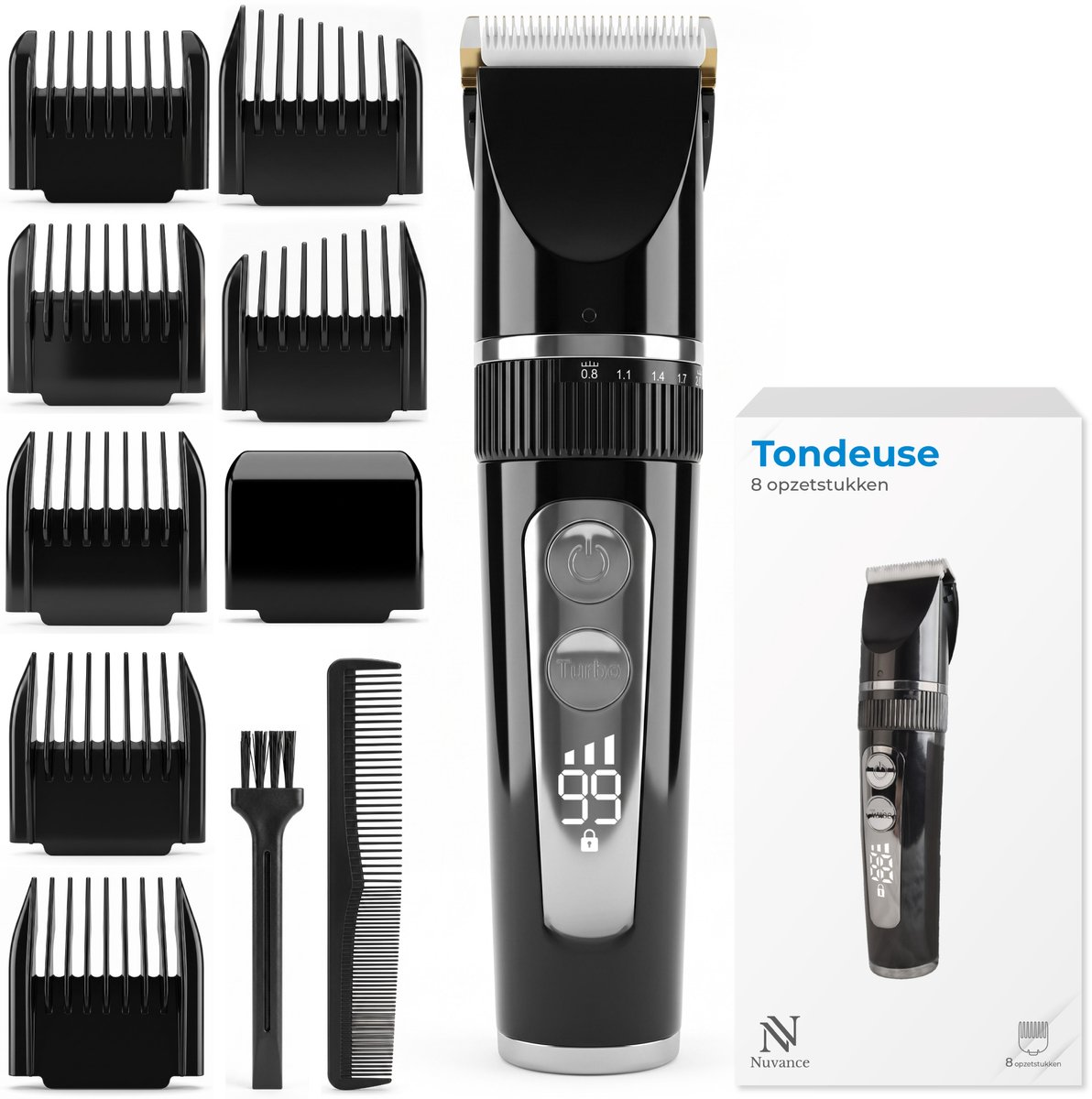 Nuvance Tondeuse Mannen - Baardtrimmer Mannen - Tondeuse Hoofdhaar - Trimmer Mannen - Haartrimmer Mannen - Incl. 8 Opzetstukken