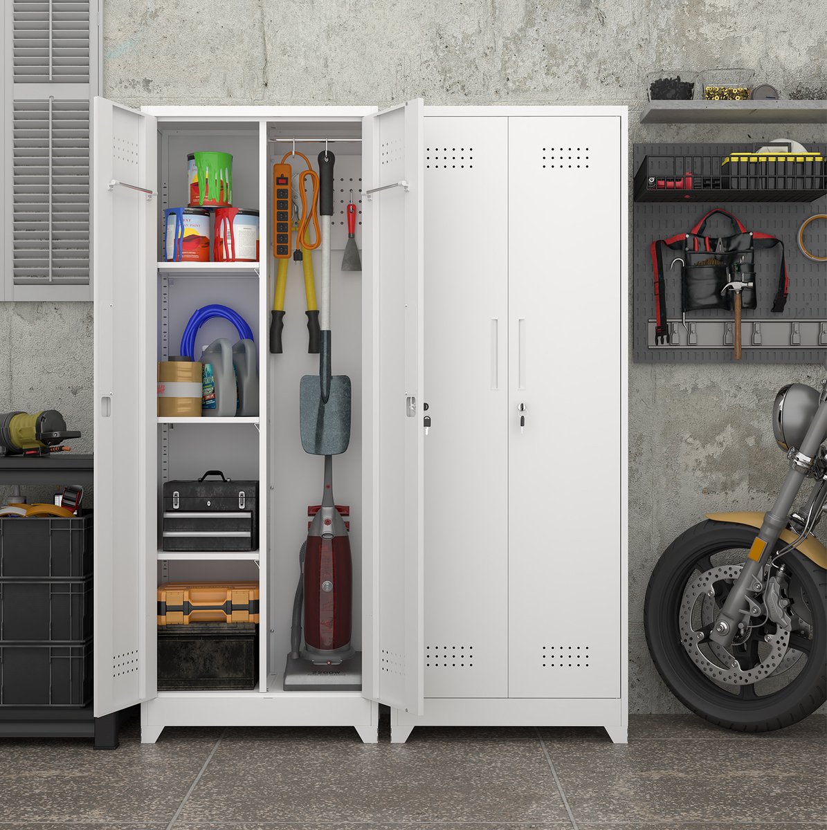 Metalen Opbergkast Voor Gereedschap En Huishoudelijke Spullen Met Slot, Verstelbare Planken, Hangstang En Ventilatiegaten, Wit, 47.5x13.5x172.5 Cm