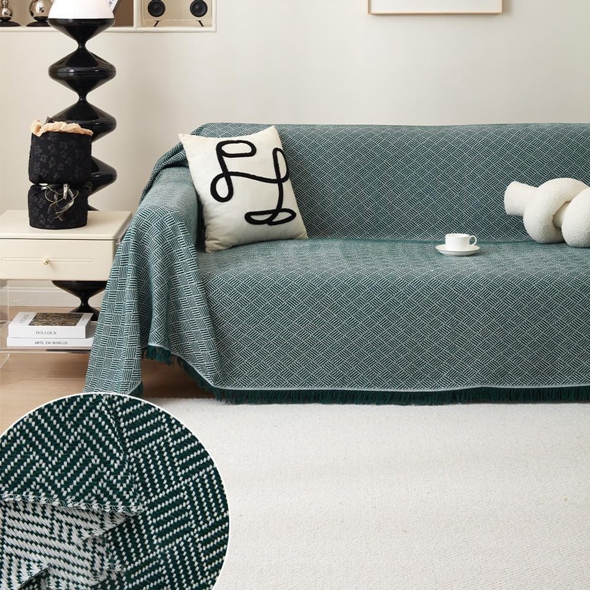 Luxe Donkergroene Sofa Dekentje, Dubbelzijdige Hoes met Franje, Geschikt voor Huisdieren, 180 x 300 cm, Ideaal voor Woonkamer en Bescherming van Meubels
