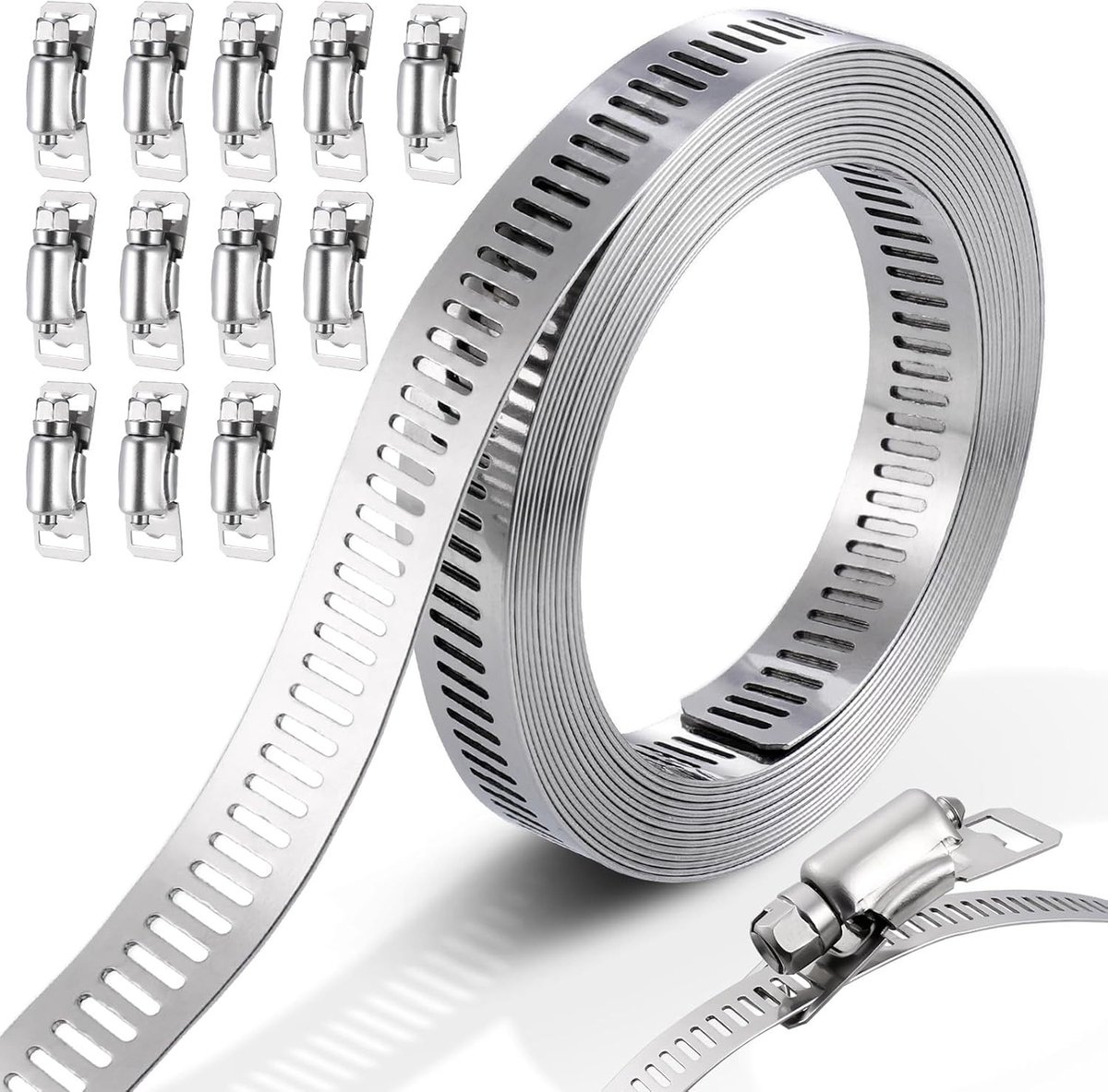 Hose Clamp Kit voor DIY Projecten - 3 Meter Metaal met 12 Sterke Bevestigingsmiddelen, Verstelbare Wormschroef en Slangklemmen voor Veilig Bevestigen van Slangen en Pijpen